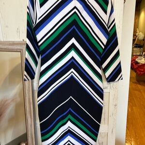 New York & Company Navy, Green & White Chevron Long Sleeve Sheath Dress